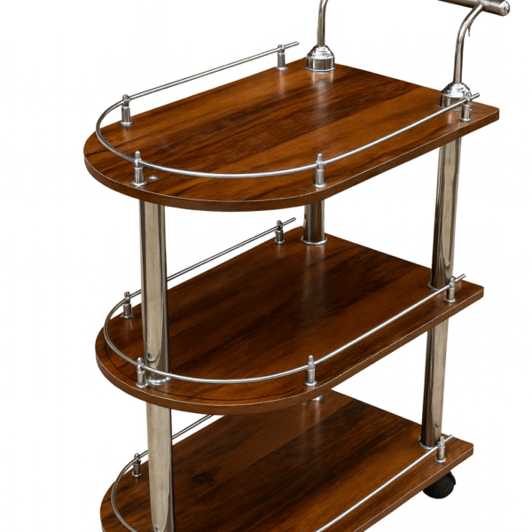 Luxury Wooden & Stainless Steel 3-Tier Serving Trolley with Wheels