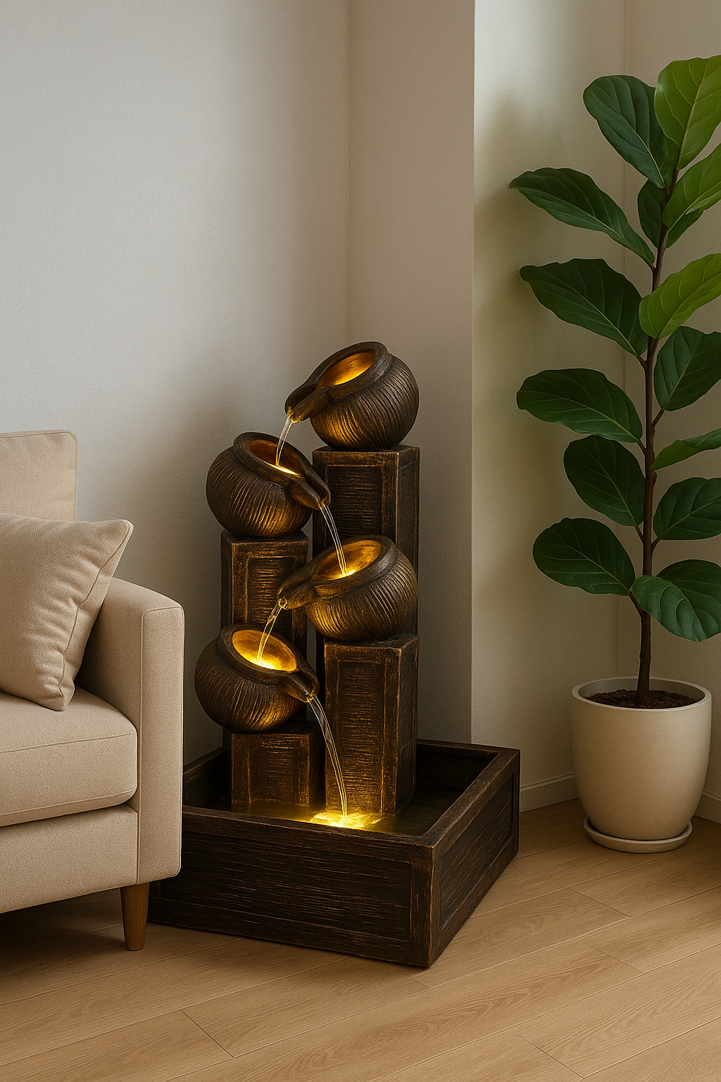 Golden Elegance Cascading Pots Indoor Water Fountain with LED Lights(2) Golden Elegance Cascading Pots Indoor Water Fountain with LED Lights - Image 6