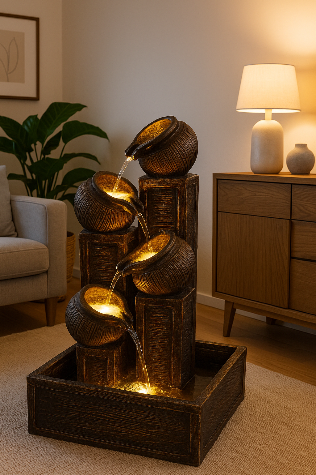 Golden Elegance Cascading Pots Indoor Water Fountain with LED Lights(3) Golden Elegance Cascading Pots Indoor Water Fountain with LED Lights - Image 5