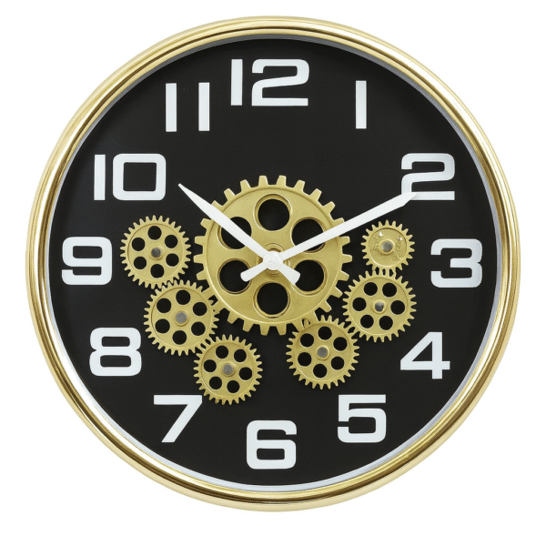 Luxury Gear Design Wall Clock – Golden Frame with Exposed Gears & Bold Numerals