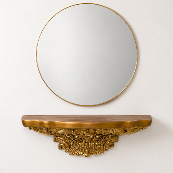 Regal Gold Wall Mirror with Ornate Console Shelf – Luxury Entryway Décor