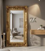 Luxury Baroque Full-Length Gold Fiber Mirror | Ornate Antique-Style Standing Mirror for Living Room & Bedroom