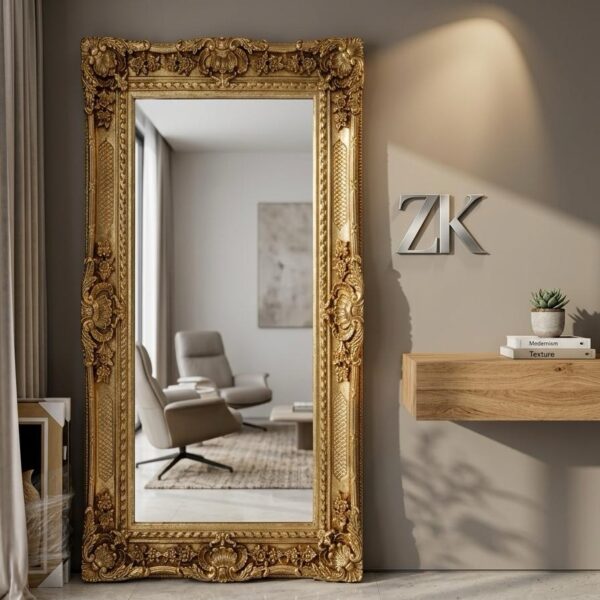 Luxury Baroque Full-Length Gold Fiber Mirror | Ornate Antique-Style Standing Mirror for Living Room & Bedroom