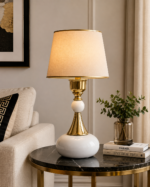Luxury Gold & White Table Lamp with Fabric Shade – Modern Bedside & Living Room Lamp - Image 2