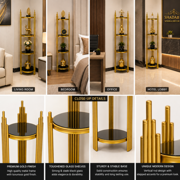 Luxury Golden 4-Tier Corner Display Stand with Glass Shelves.