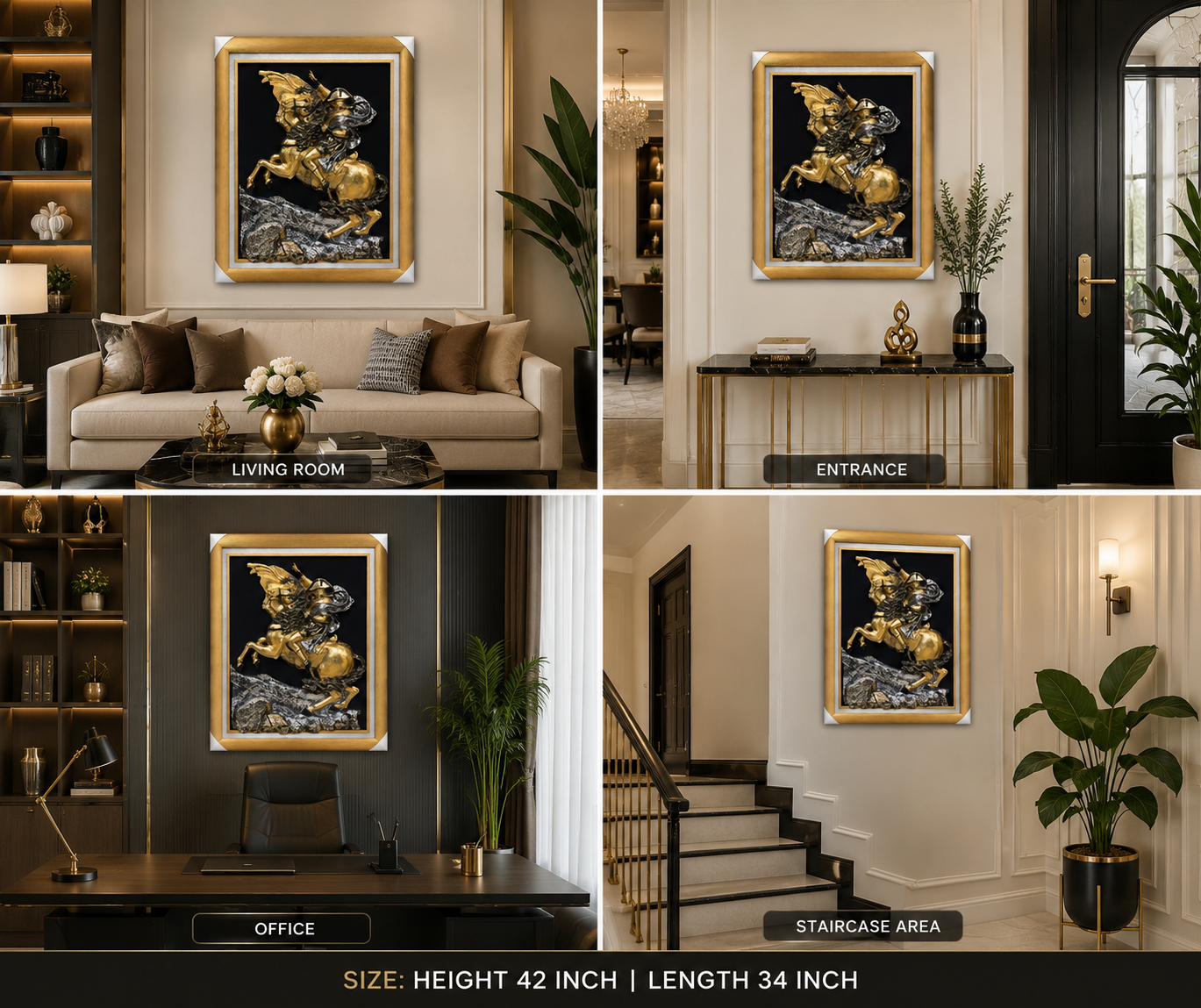 Royal Horse Rider 3D Wall Art Frame – Gold & Silver | Napoleon Horse Rider 3D Wall Frame .