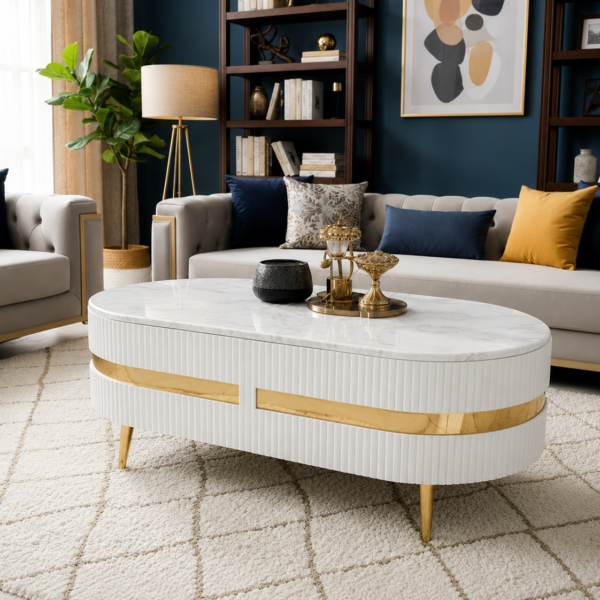 Luxury Fluted White & Gold Round Coffee Table Set