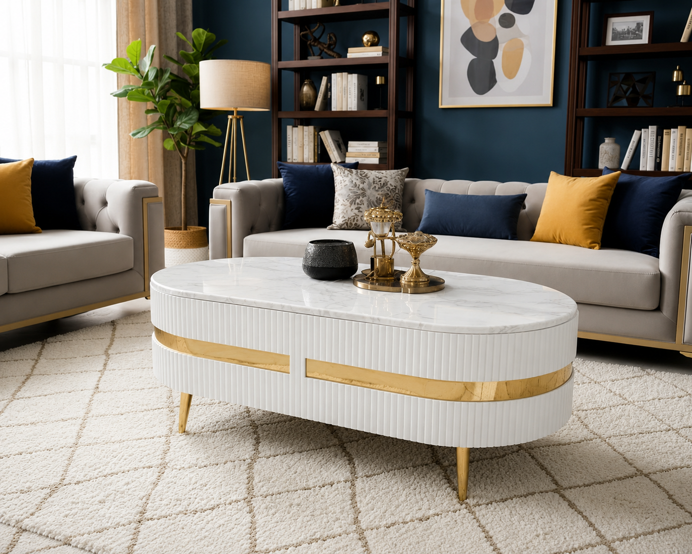 2373b4d0-be1e-4717-b18b-ec13559bb2ed Luxury Fluted White & Gold Round Coffee Table Set - Image 1