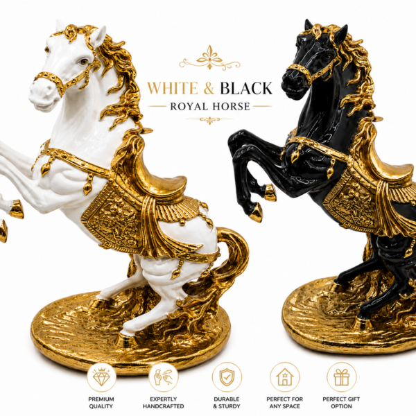 Royal Rearing Horse Sculpture – Black & White with Gold | 17 Inch
