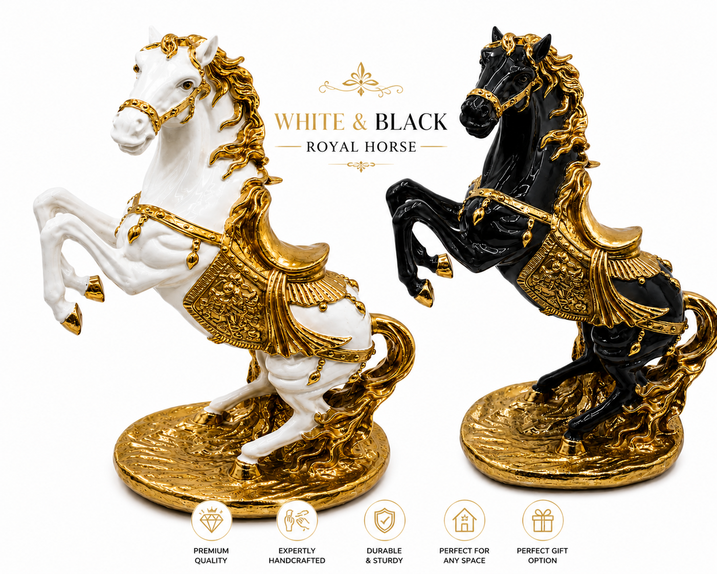 Royal Rearing Horse Sculpture – Black & White with Gold | 17 Inch