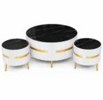 3-piece table set, brown glass top, and fluted design | White & Gold Deco Three Piece Center Table Set - Image 4