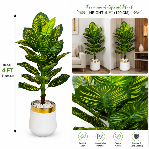 4ft Artificial Dieffenbachia Plant Realistic Variegated Indoor Floor Plant with Pot