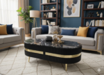 Luxury Black Marble Oval Coffee Table with Gold Accent. - Image 3