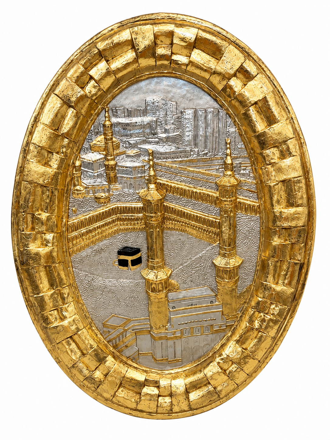 6a348cfc-ad03-4fb4-a398-87d955c4af25 Premium 3D Kaaba Sharif & Masjid Al-Haram Oval Wall Art – Gold & Silver – 30 × 41 Inch - Image 1