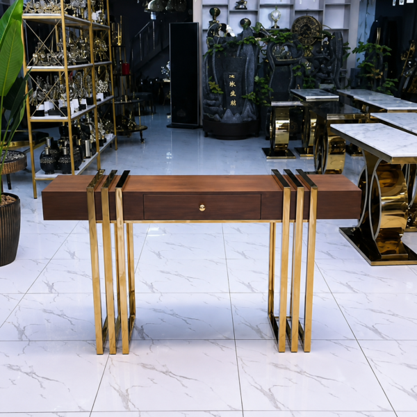Modern Walnut & Gold Geometric Console Table – 48 × 32 Inch.