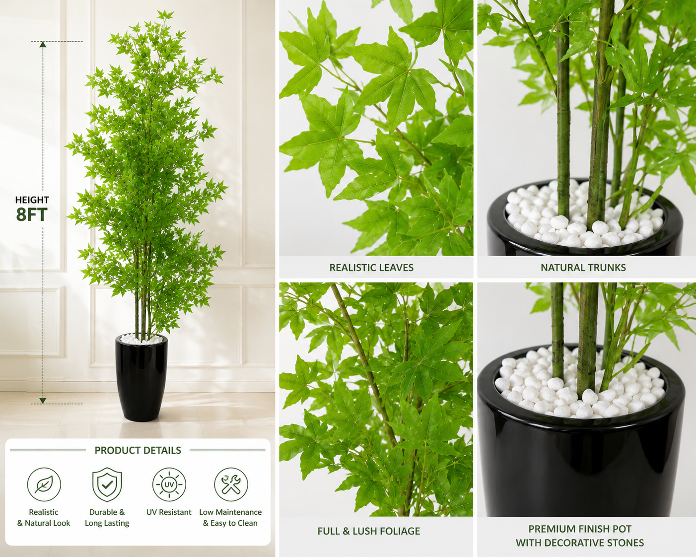 8FT Premium Artificial Maple Tree with Black Planter | Neem Plant