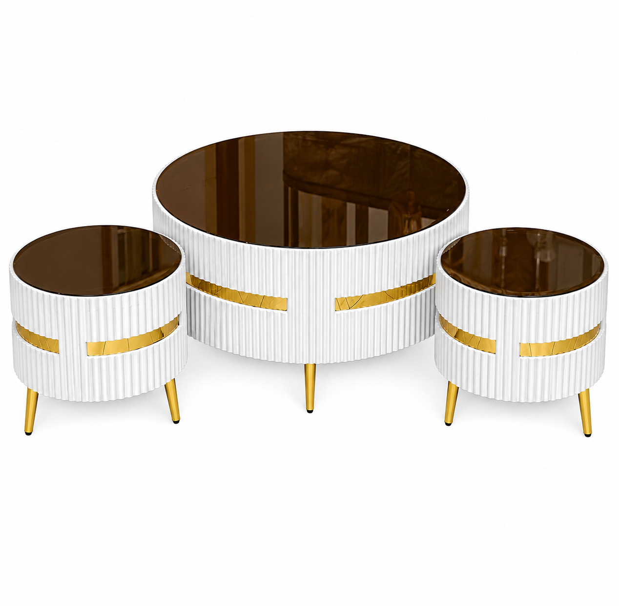 3-piece table set, brown glass top, and fluted design | White & Gold Deco Three Piece Center Table Set