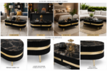 Luxury Black Marble Oval Coffee Table with Gold Accent.
