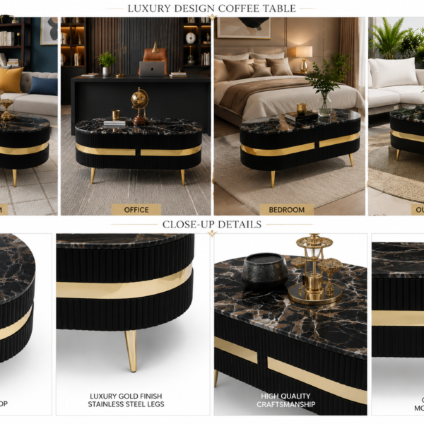 Luxury Black Marble Oval Coffee Table with Gold Accent.