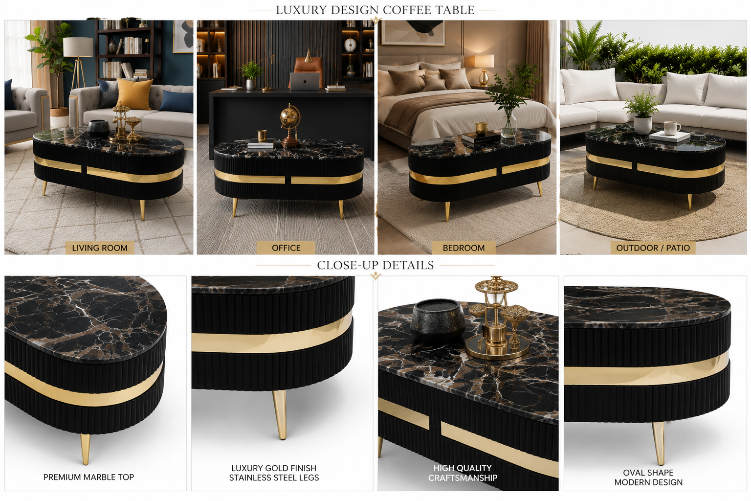 a8d4f50b-6808-4be2-8861-9c1c0c87d1ae Luxury Black Marble Oval Coffee Table with Gold Accent. - Image 1