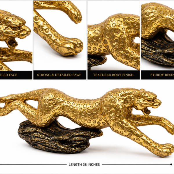 Luxury Golden Leaping Leopard - Cheetah Sculpture – 38 Inch Home & Office Decor