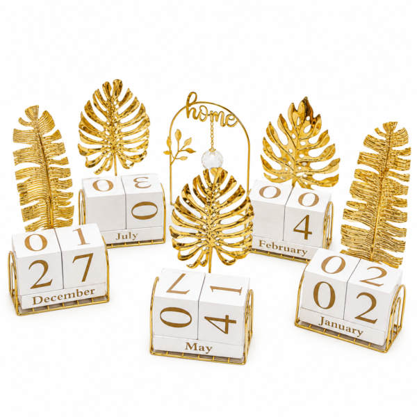 Luxury Golden Leaf Perpetual Desk Calendar – Decorative Metal Block Calendar for Home & Office Décor