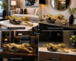 Luxury Golden Leaping Leopard - Cheetah Sculpture – 38 Inch Home & Office Decor - Image 2