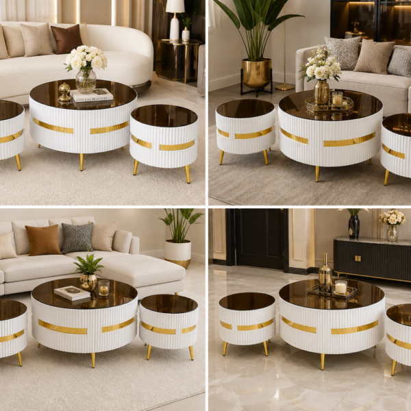 3-piece table set, brown glass top, and fluted design | White & Gold Deco Three Piece Center Table Set