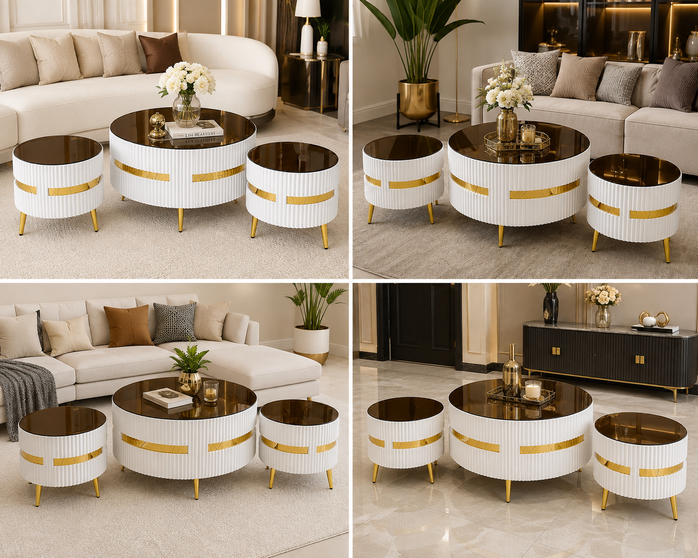 3-piece table set, brown glass top, and fluted design | White & Gold Deco Three Piece Center Table Set