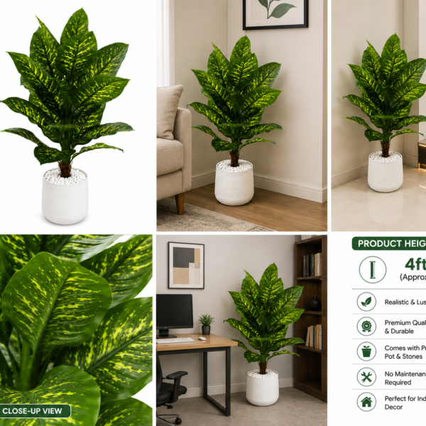 4 Feet Artificial Dieffenbachia Plant with Pot Realistic Large Green Floor Plant for Home & Office Décor