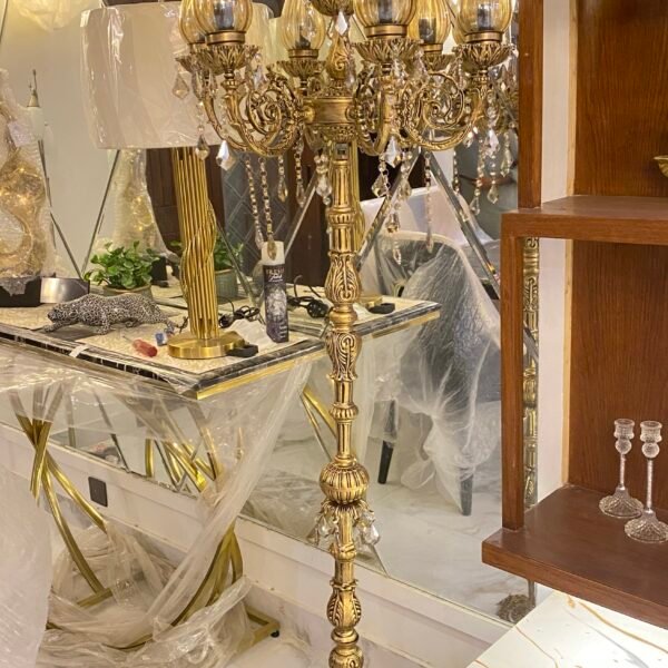Luxury Victorian Floor Chandelier with Crystal Drops | Antique Gold Multi-Light Standing Candelabra Lamp