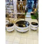 3-piece table set, brown glass top, and fluted design | White & Gold Deco Three Piece Center Table Set - Image 7