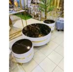 3-piece table set, brown glass top, and fluted design | White & Gold Deco Three Piece Center Table Set - Image 5