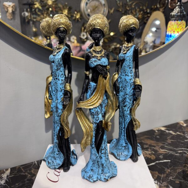 African Lady Figurine – Elegant Blue & Gold Fiber Resin Woman Sculpture for Home & Office Décor