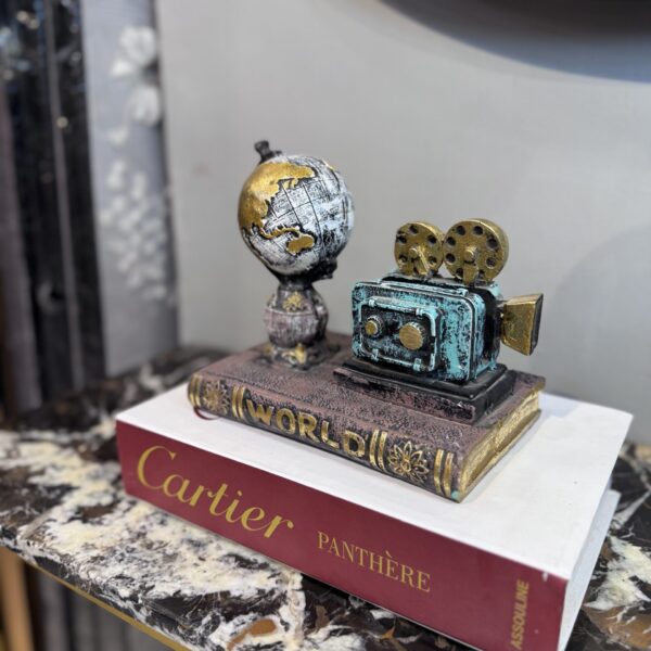 Vintage Movie Projector & World Globe Decorative Showpiece | Retro Cinema Table Décor for Home & Office